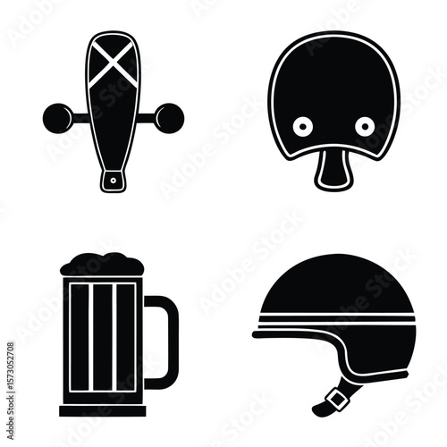 Black skateboard beer mug helmet and mushroom icons vector