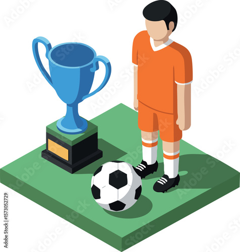 Soccer player with trophy and ball standing on green platform in orange uniform vector illustration