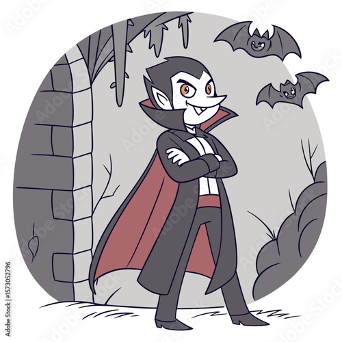 A cartoon illustration of a charming vampire with a confident stance wearing a cape and suit with two smiling bats flying behind him in a spooky gothic setting