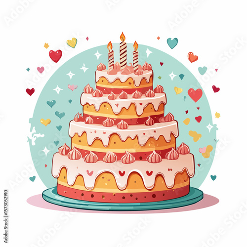 birthday cake badge set with tiered layers and glowing flame mesh gradients