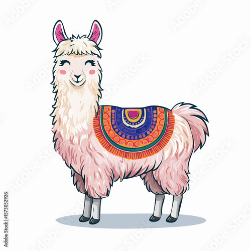 rainbow llama with decorative saddle, duotone details, and cut-path ready vector groups