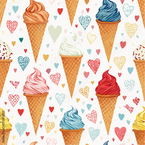 color-blocked ice-cream cone repeat with waffle texture and playful isolated drip details
