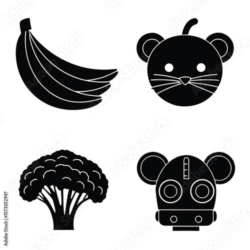 Bunch bananas broccoli cat robot heads cauliflower vegetable