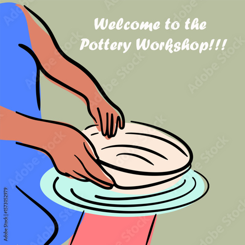 Pottery workshop flyer concept, card, invitation, pottery party. Hand drawn flat, line, abstract vector illustration.
