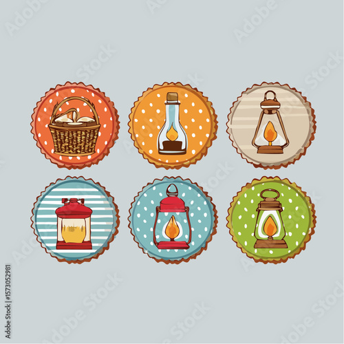 retro badge icon set with canned goods, baskets, and lanterns in vintage vector style
