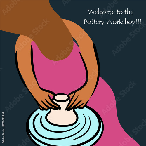 Pottery workshop flyer concept, card, invitation, pottery party. Hand drawn flat, line, abstract vector illustration.