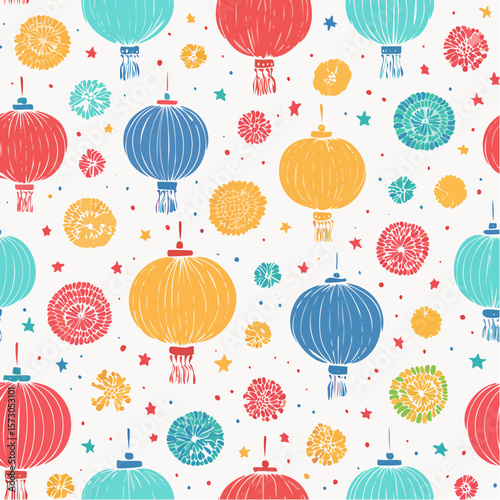 festoon of paper lanterns and pompoms in bold hues with distressed vector grain finish