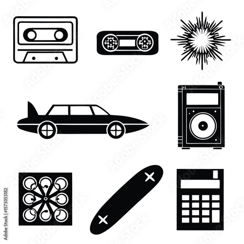 Cassette tape boombox car speaker starburst calculator vector