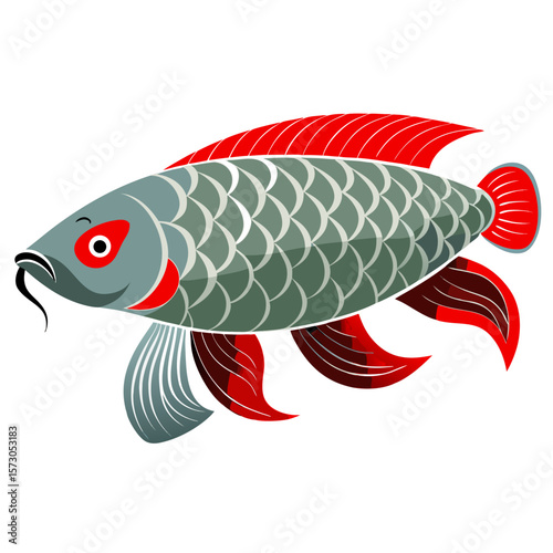 A stylized illustration of an Arowana fish featuring a gray body red accents on its fins and eyes and a white background creating a clean