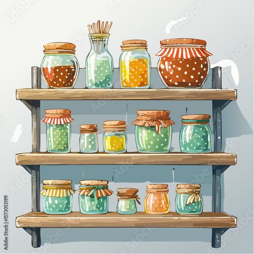 general store shelf with apothecary jars and woven baskets lined in striped linens