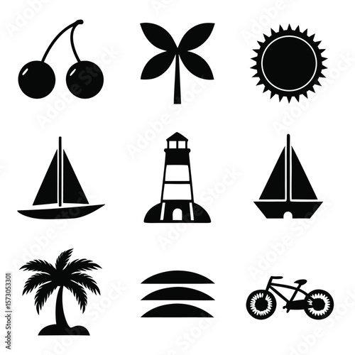 Cherries palm tree sun lighthouse sailboats bicycle fruit