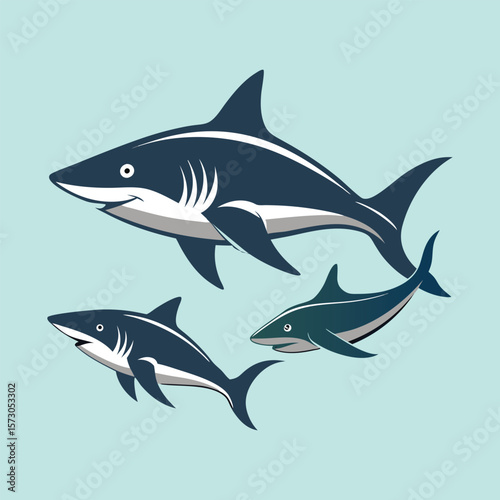 Three sharks swimming in blue water marine life ocean