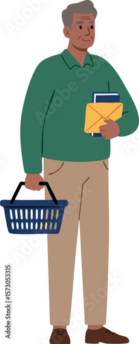 Mature man carrying shopping basket and documents in casual outfit vector illustration