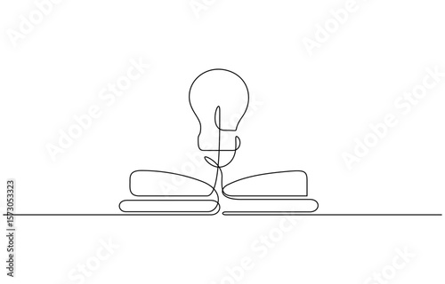 Bright book, Opened book with light bulb in one continuous line drawing symbol of idea. Book one line drawing, continuous vector education and literature with brain and light bulb. Concept of creative