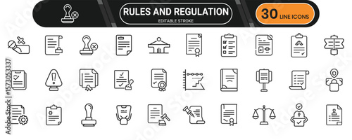 Legal and policy regulation icons in line format including compliance, control, terms, and audit visual elements for law templates