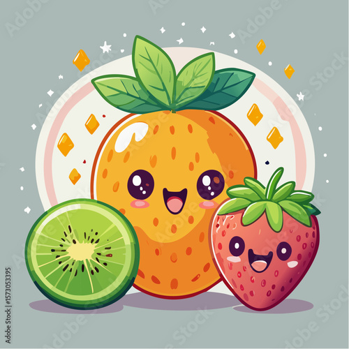 kawaii fruit trio with glossy flat fills and precision vector anchor-point details