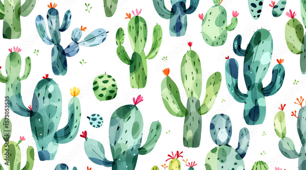 Seamless pattern watercolor cactus