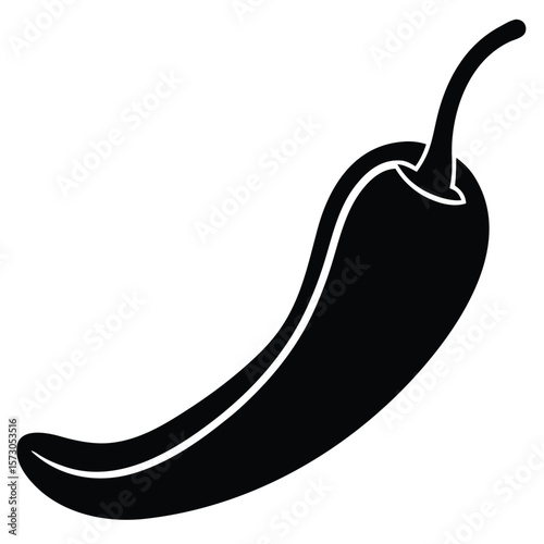A solid black silhouette of a vibrant jalapeno pepper is isolated over white