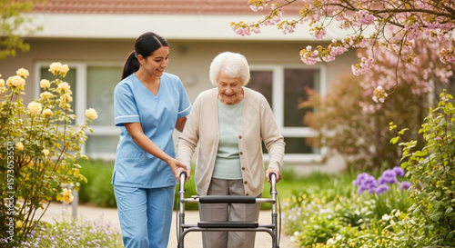 A smiling nurse helping an elderly woman with a walker in a beautiful garden during the day.