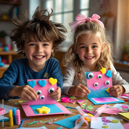 Two kids happily making greeting cards using foam shapes, googly eyes.