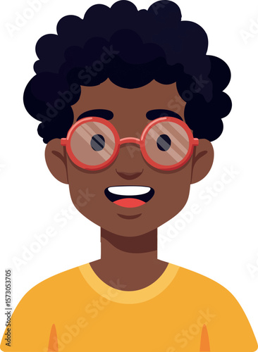 Smiling young man with afro hairstyle wearing red glasses and yellow shirt cheerful expression vector illustration
