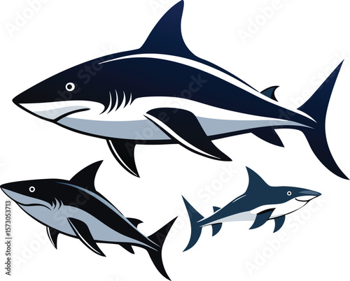 Three sharks swimming in blue and grey marine life
