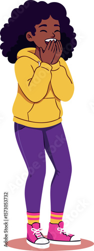 Young African American girl in yellow hoodie and purple pants sneezing or coughing covering mouth with hands vector illustration