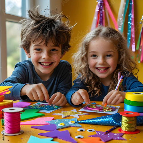 Two kids happily making greeting cards using foam shapes, googly eyes.