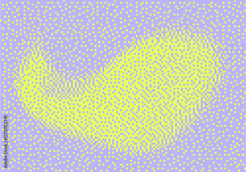A pixelated pattern of light green and purple creates an abstract background