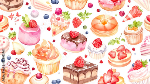 Watercolor Sweet desserts pattern on white background