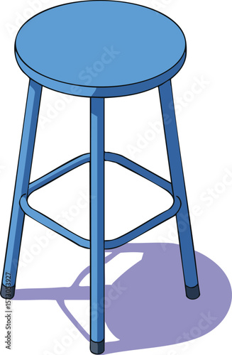 Blue metal stool with round seat and four legs casting shadow vector illustration furniture design