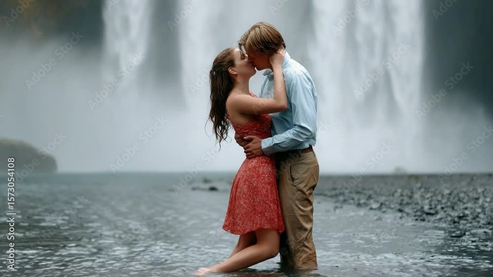 Eternal Embrace: A couple shares an intimate moment, sealed with a kiss, amidst the misty spray of a majestic waterfall, creating a serene tableau of love and natural beauty.