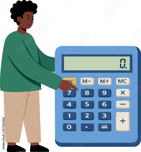 Young man using large calculator for math calculations educational and financial concepts vector illustration