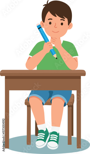 Boy sitting at wooden desk holding pencil thinking and writing homework or school study concept vector illustration