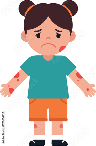 Sad little girl with skin rashes and bruises wearing teal shirt and orange shorts vector illustration
