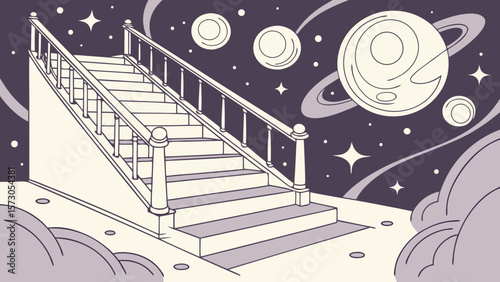 Stairway leading up to a cosmic scene with planets stars and clouds in a dreamy illustration style