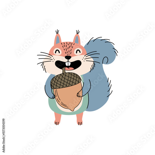 Cheerful cartoon squirrel happily holding an acorn with a smile
