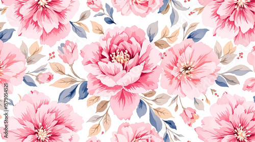 Watercolor floral seamless pattern with hand-painted blush pink flowers and green leaves on white background. Botanical print.	