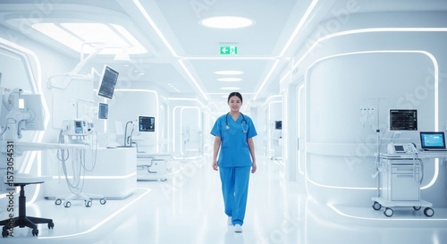 High-tech, clean, white corridor of a modern hospital with a nurse walking toward the camera.