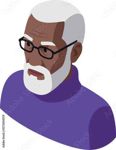 Elderly man with white hair and beard wearing glasses and purple sweater isometric vector portrait illustration