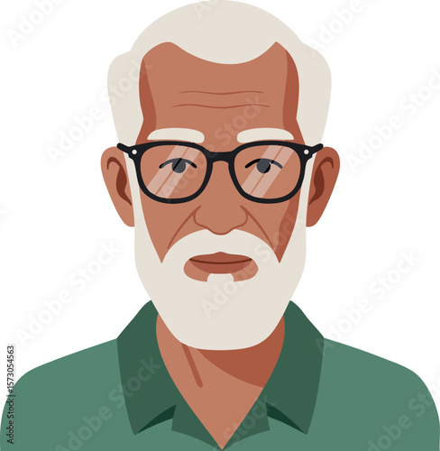 Elderly man with white beard and glasses wearing green shirt vector portrait illustration of senior person