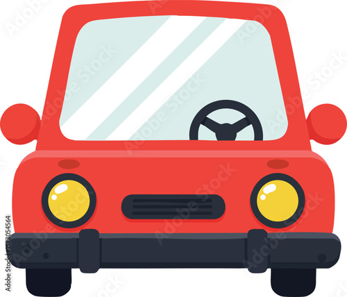 Red Compact Car Front View Vector Illustration with Yellow Headlights and Black Bumper Design