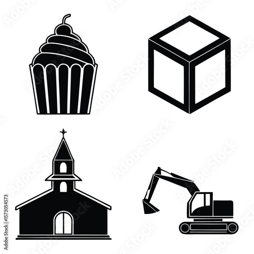 Cupcake cube church excavator icons dessert frosting
