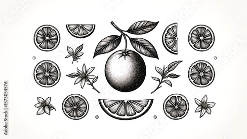 Black and White Vintage Illustration of Oranges Citrus Fruit Slices Leaves and Flowers