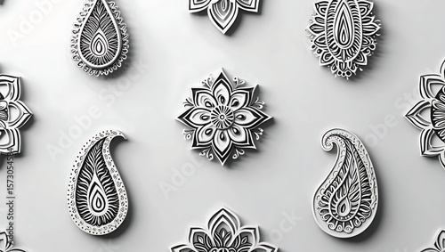 Black and White Intricate Paisley and Mandala Designs on Light Gray Background Elegant 3 D