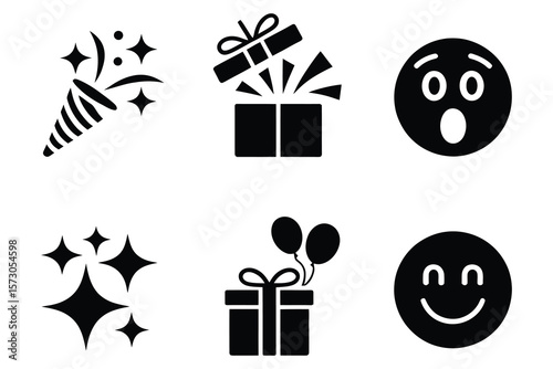 Party popper gift box sparkling stars happy face confetti
