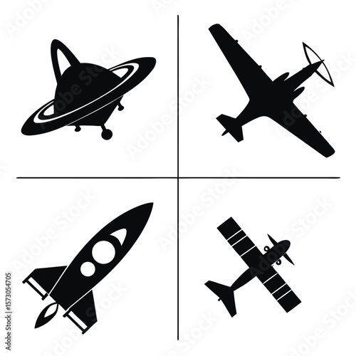 Collection of silhouetted aircraft and spacecraft icons on white background
