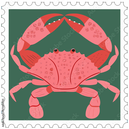 Vintage stamp or sticker print, wall art vector travel postcard, summer engraving placard or poster. Retro frame or border element design with crab perfect for interior or menu