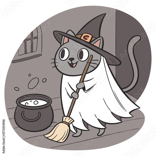 Illustration of a gray cat dressed as a ghost wearing a witch hat with a broom and a cauldron nearby