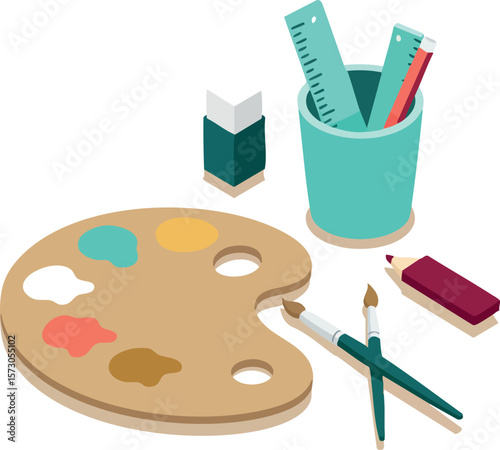 Artist palette paintbrushes eraser rulers and pencil cup set for creative drawing and painting tools vector illustration